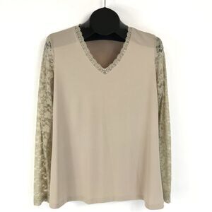 Susan Graver Lace Long Sleeve Blouse Women's Medium V-Neck Stretch Career Casual